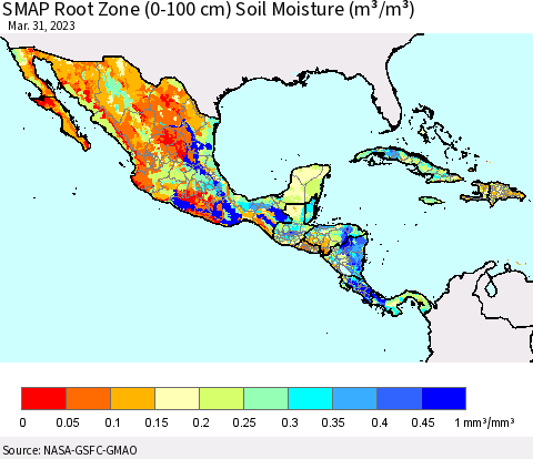 Mexico Central America and the Caribbean SMAP Root Zone (0-100 cm) Soil Moisture (m³/m³) Thematic Map For 3/26/2023 - 3/31/2023