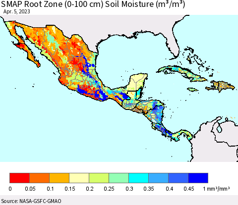 Mexico Central America and the Caribbean SMAP Root Zone (0-100 cm) Soil Moisture (m³/m³) Thematic Map For 4/1/2023 - 4/5/2023