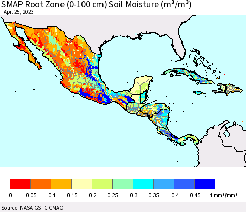 Mexico Central America and the Caribbean SMAP Root Zone (0-100 cm) Soil Moisture (m³/m³) Thematic Map For 4/21/2023 - 4/25/2023