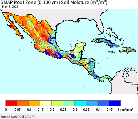 Mexico Central America and the Caribbean SMAP Root Zone (0-100 cm) Soil Moisture (m³/m³) Thematic Map For 5/1/2023 - 5/5/2023