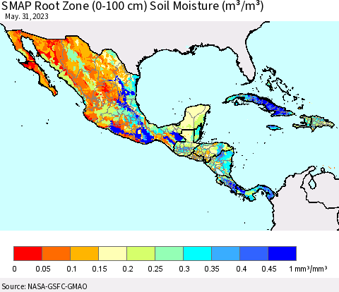 Mexico Central America and the Caribbean SMAP Root Zone (0-100 cm) Soil Moisture (m³/m³) Thematic Map For 5/26/2023 - 5/31/2023