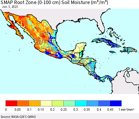 Mexico Central America and the Caribbean SMAP Root Zone (0-100 cm) Soil Moisture (m³/m³) Thematic Map For 6/1/2023 - 6/5/2023