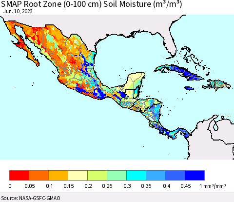 Mexico Central America and the Caribbean SMAP Root Zone (0-100 cm) Soil Moisture (m³/m³) Thematic Map For 6/6/2023 - 6/10/2023