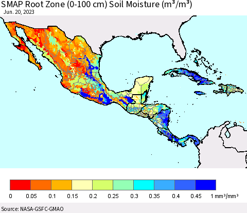 Mexico Central America and the Caribbean SMAP Root Zone (0-100 cm) Soil Moisture (m³/m³) Thematic Map For 6/16/2023 - 6/20/2023