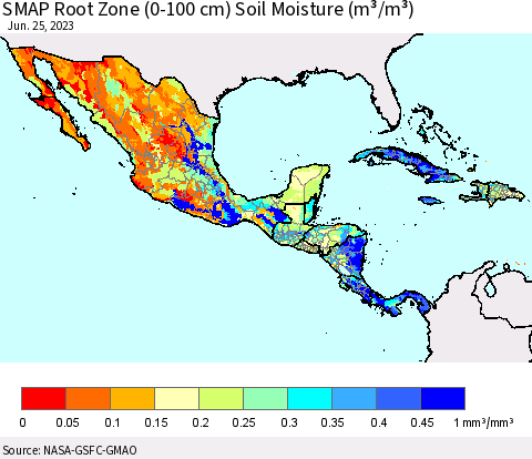 Mexico Central America and the Caribbean SMAP Root Zone (0-100 cm) Soil Moisture (m³/m³) Thematic Map For 6/21/2023 - 6/25/2023