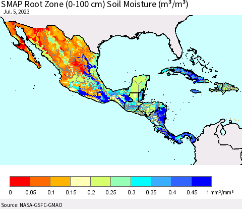 Mexico Central America and the Caribbean SMAP Root Zone (0-100 cm) Soil Moisture (m³/m³) Thematic Map For 7/1/2023 - 7/5/2023