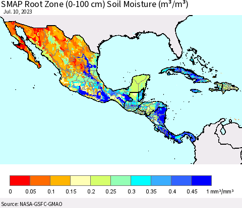 Mexico Central America and the Caribbean SMAP Root Zone (0-100 cm) Soil Moisture (m³/m³) Thematic Map For 7/6/2023 - 7/10/2023