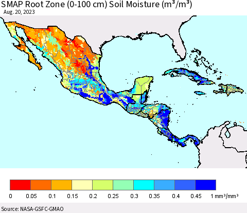 Mexico Central America and the Caribbean SMAP Root Zone (0-100 cm) Soil Moisture (m³/m³) Thematic Map For 8/16/2023 - 8/20/2023