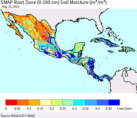 Mexico Central America and the Caribbean SMAP Root Zone (0-100 cm) Soil Moisture (m³/m³) Thematic Map For 8/21/2023 - 8/25/2023