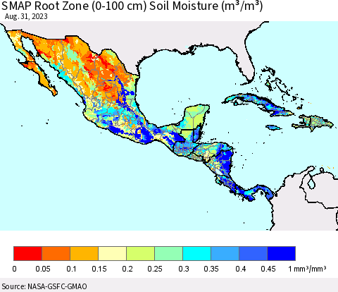 Mexico Central America and the Caribbean SMAP Root Zone (0-100 cm) Soil Moisture (m³/m³) Thematic Map For 8/26/2023 - 8/31/2023