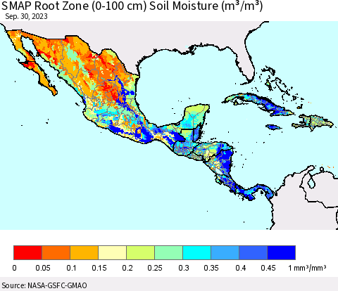 Mexico Central America and the Caribbean SMAP Root Zone (0-100 cm) Soil Moisture (m³/m³) Thematic Map For 9/26/2023 - 9/30/2023