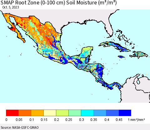 Mexico Central America and the Caribbean SMAP Root Zone (0-100 cm) Soil Moisture (m³/m³) Thematic Map For 10/1/2023 - 10/5/2023
