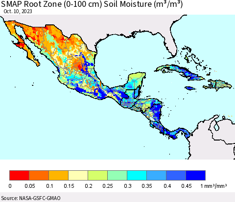 Mexico Central America and the Caribbean SMAP Root Zone (0-100 cm) Soil Moisture (m³/m³) Thematic Map For 10/6/2023 - 10/10/2023