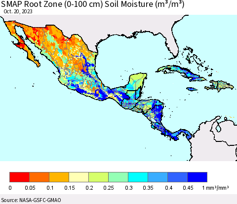 Mexico Central America and the Caribbean SMAP Root Zone (0-100 cm) Soil Moisture (m³/m³) Thematic Map For 10/16/2023 - 10/20/2023