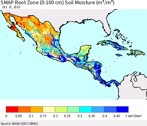Mexico Central America and the Caribbean SMAP Root Zone (0-100 cm) Soil Moisture (m³/m³) Thematic Map For 10/26/2023 - 10/31/2023