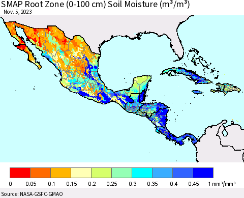 Mexico Central America and the Caribbean SMAP Root Zone (0-100 cm) Soil Moisture (m³/m³) Thematic Map For 11/1/2023 - 11/5/2023