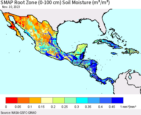 Mexico Central America and the Caribbean SMAP Root Zone (0-100 cm) Soil Moisture (m³/m³) Thematic Map For 11/6/2023 - 11/10/2023