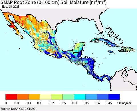 Mexico Central America and the Caribbean SMAP Root Zone (0-100 cm) Soil Moisture (m³/m³) Thematic Map For 11/11/2023 - 11/15/2023