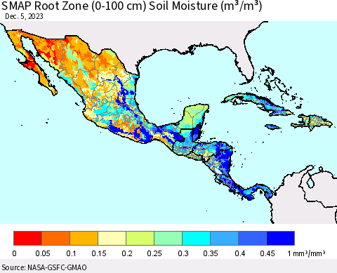 Mexico Central America and the Caribbean SMAP Root Zone (0-100 cm) Soil Moisture (m³/m³) Thematic Map For 12/1/2023 - 12/5/2023
