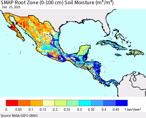 Mexico Central America and the Caribbean SMAP Root Zone (0-100 cm) Soil Moisture (m³/m³) Thematic Map For 12/21/2023 - 12/25/2023
