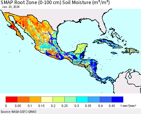 Mexico Central America and the Caribbean SMAP Root Zone (0-100 cm) Soil Moisture (m³/m³) Thematic Map For 1/6/2024 - 1/10/2024