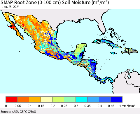 Mexico Central America and the Caribbean SMAP Root Zone (0-100 cm) Soil Moisture (m³/m³) Thematic Map For 1/21/2024 - 1/25/2024