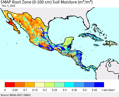 Mexico Central America and the Caribbean SMAP Root Zone (0-100 cm) Soil Moisture (m³/m³) Thematic Map For 2/1/2024 - 2/5/2024