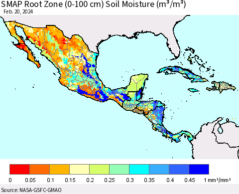 Mexico Central America and the Caribbean SMAP Root Zone (0-100 cm) Soil Moisture (m³/m³) Thematic Map For 2/16/2024 - 2/20/2024