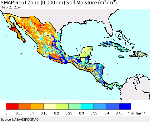 Mexico Central America and the Caribbean SMAP Root Zone (0-100 cm) Soil Moisture (m³/m³) Thematic Map For 2/21/2024 - 2/25/2024