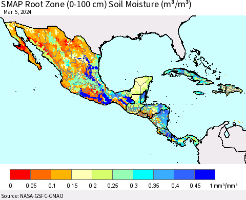 Mexico Central America and the Caribbean SMAP Root Zone (0-100 cm) Soil Moisture (m³/m³) Thematic Map For 3/1/2024 - 3/5/2024