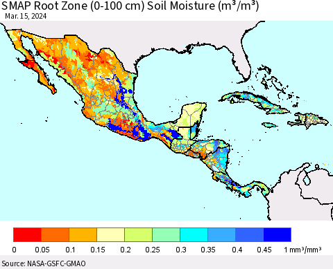 Mexico Central America and the Caribbean SMAP Root Zone (0-100 cm) Soil Moisture (m³/m³) Thematic Map For 3/11/2024 - 3/15/2024