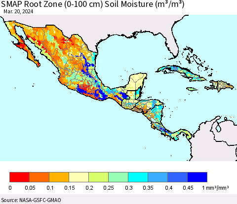 Mexico Central America and the Caribbean SMAP Root Zone (0-100 cm) Soil Moisture (m³/m³) Thematic Map For 3/16/2024 - 3/20/2024