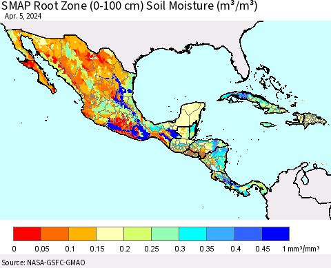 Mexico Central America and the Caribbean SMAP Root Zone (0-100 cm) Soil Moisture (m³/m³) Thematic Map For 4/1/2024 - 4/5/2024