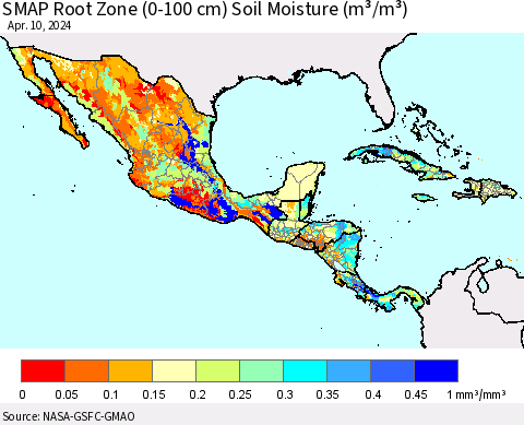 Mexico Central America and the Caribbean SMAP Root Zone (0-100 cm) Soil Moisture (m³/m³) Thematic Map For 4/6/2024 - 4/10/2024