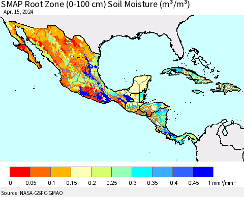 Mexico Central America and the Caribbean SMAP Root Zone (0-100 cm) Soil Moisture (m³/m³) Thematic Map For 4/11/2024 - 4/15/2024