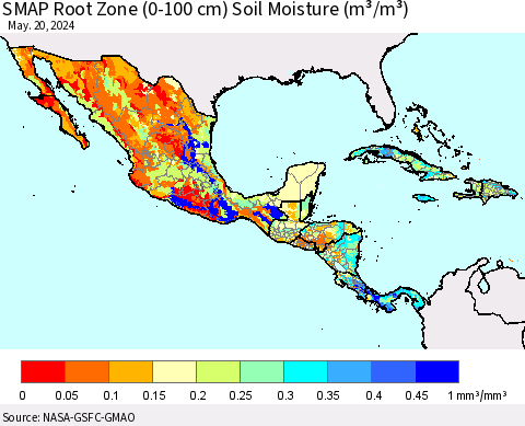 Mexico Central America and the Caribbean SMAP Root Zone (0-100 cm) Soil Moisture (m³/m³) Thematic Map For 5/16/2024 - 5/20/2024