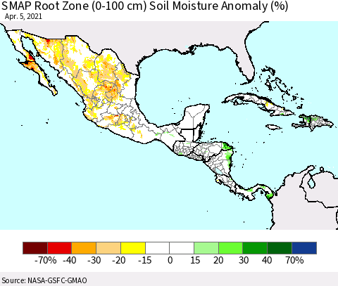 Mexico Central America and the Caribbean SMAP Root Zone (0-100 cm) Soil Moisture Anomaly (%) Thematic Map For 4/1/2021 - 4/5/2021