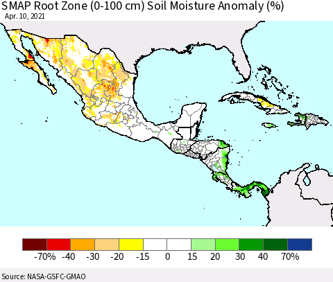Mexico Central America and the Caribbean SMAP Root Zone (0-100 cm) Soil Moisture Anomaly (%) Thematic Map For 4/6/2021 - 4/10/2021