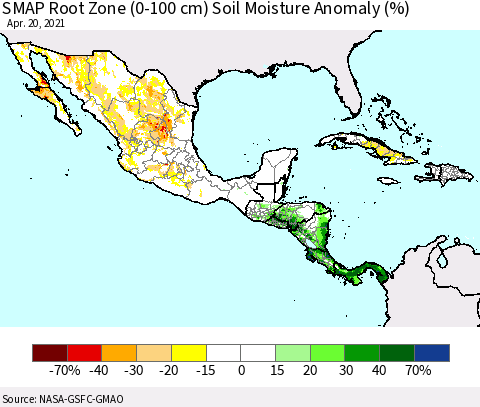 Mexico Central America and the Caribbean SMAP Root Zone (0-100 cm) Soil Moisture Anomaly (%) Thematic Map For 4/16/2021 - 4/20/2021