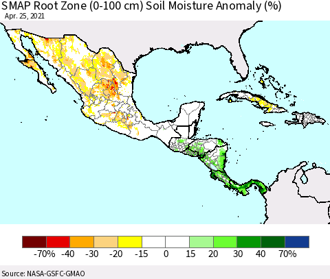 Mexico Central America and the Caribbean SMAP Root Zone (0-100 cm) Soil Moisture Anomaly (%) Thematic Map For 4/21/2021 - 4/25/2021