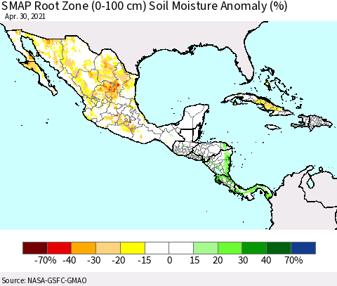 Mexico Central America and the Caribbean SMAP Root Zone (0-100 cm) Soil Moisture Anomaly (%) Thematic Map For 4/26/2021 - 4/30/2021