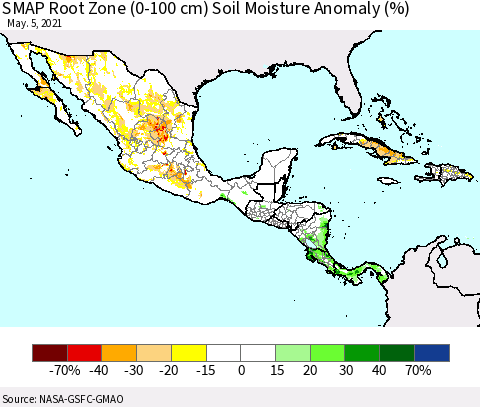 Mexico Central America and the Caribbean SMAP Root Zone (0-100 cm) Soil Moisture Anomaly (%) Thematic Map For 5/1/2021 - 5/5/2021
