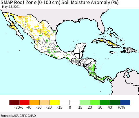 Mexico Central America and the Caribbean SMAP Root Zone (0-100 cm) Soil Moisture Anomaly (%) Thematic Map For 5/11/2021 - 5/15/2021