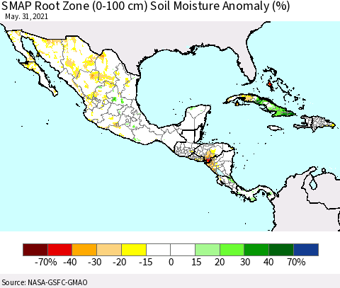 Mexico Central America and the Caribbean SMAP Root Zone (0-100 cm) Soil Moisture Anomaly (%) Thematic Map For 5/26/2021 - 5/31/2021