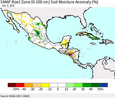 Mexico Central America and the Caribbean SMAP Root Zone (0-100 cm) Soil Moisture Anomaly (%) Thematic Map For 6/1/2021 - 6/5/2021