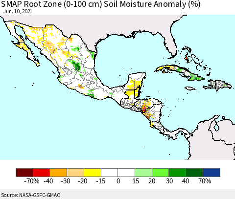 Mexico Central America and the Caribbean SMAP Root Zone (0-100 cm) Soil Moisture Anomaly (%) Thematic Map For 6/6/2021 - 6/10/2021