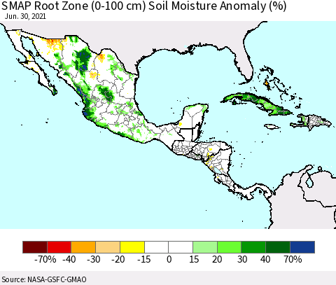 Mexico Central America and the Caribbean SMAP Root Zone (0-100 cm) Soil Moisture Anomaly (%) Thematic Map For 6/26/2021 - 6/30/2021