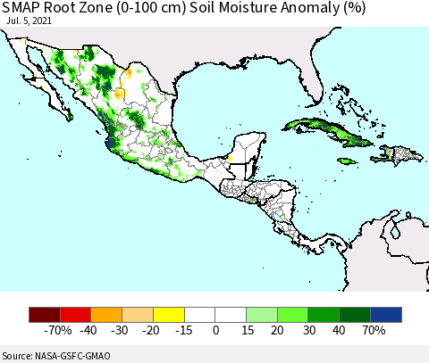 Mexico Central America and the Caribbean SMAP Root Zone (0-100 cm) Soil Moisture Anomaly (%) Thematic Map For 7/1/2021 - 7/5/2021
