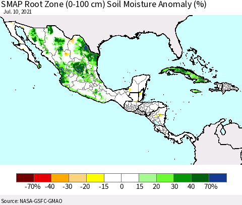 Mexico Central America and the Caribbean SMAP Root Zone (0-100 cm) Soil Moisture Anomaly (%) Thematic Map For 7/6/2021 - 7/10/2021