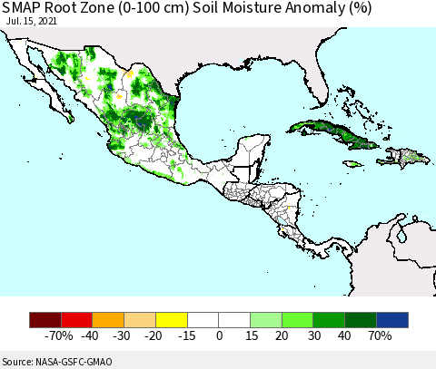 Mexico Central America and the Caribbean SMAP Root Zone (0-100 cm) Soil Moisture Anomaly (%) Thematic Map For 7/11/2021 - 7/15/2021